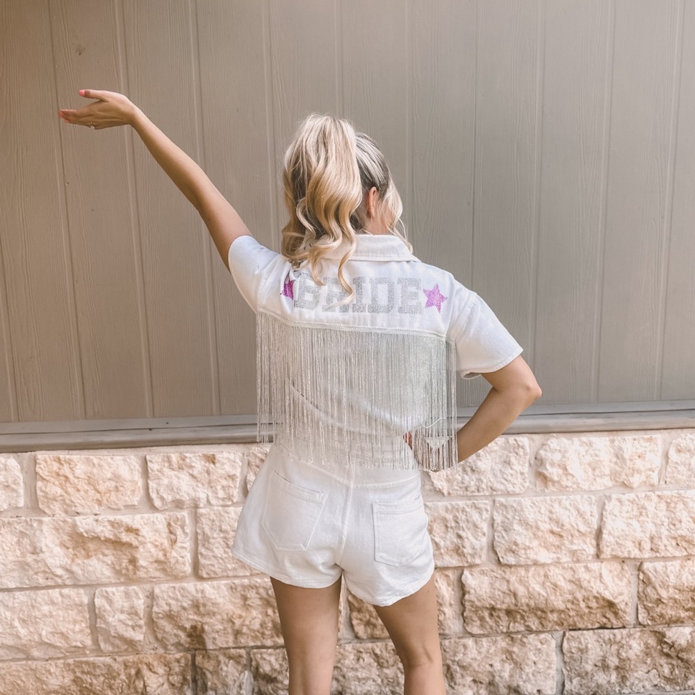 White BRIDE Denim Romper Jumpsuit